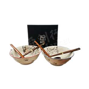 ERMO -Ramen bowls set (2 bowls, 2 pairs of chopsticks, 2 spoons) - white cat pattern