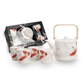 Tea Set - Japanese Cranes Tea Set (Wooden handle teapot with stainless steel filter and 4 cups)